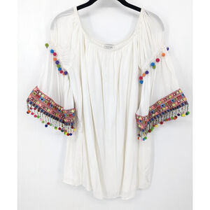 Stellah Boho Dress Mini Womens Medium White‎ Embroidered Pom Pom Tassel Festival